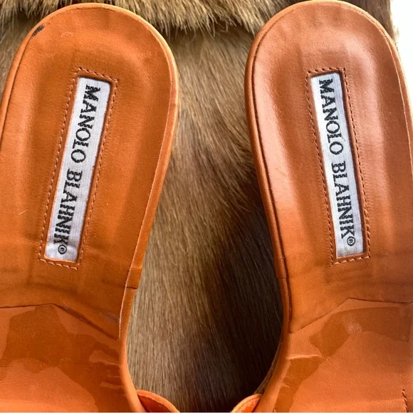 MANOLO BLAHNIK strap leather kitten heels mules orange brown size 36 - Picture 3 of 12